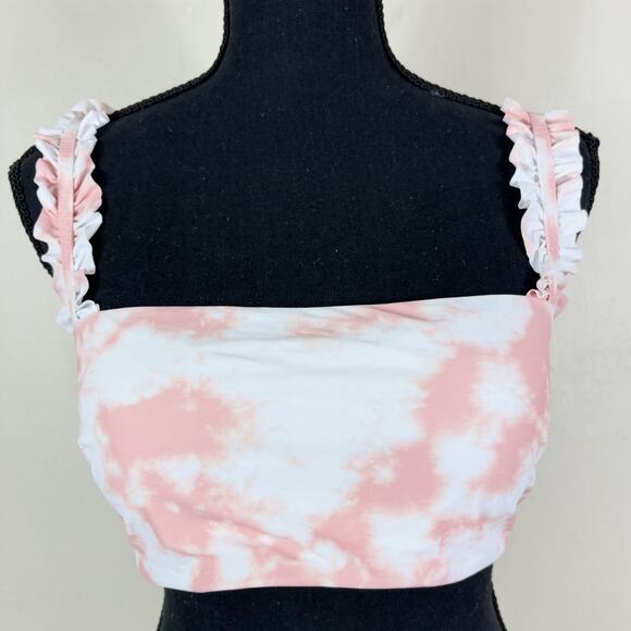 Aerie Two Piece Printed Ruffle Bandeau Bikini Top and Cheekiest Bottom Swimsuit - Picture 2 of 12